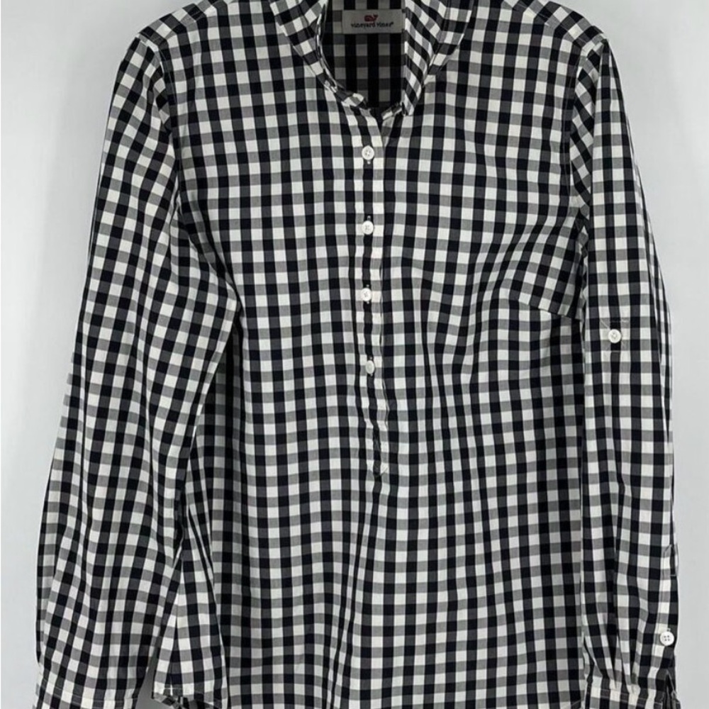 Vineyard Vines Womens Black White Gingham Popover Tab Long Sleeve Shirt Size 12